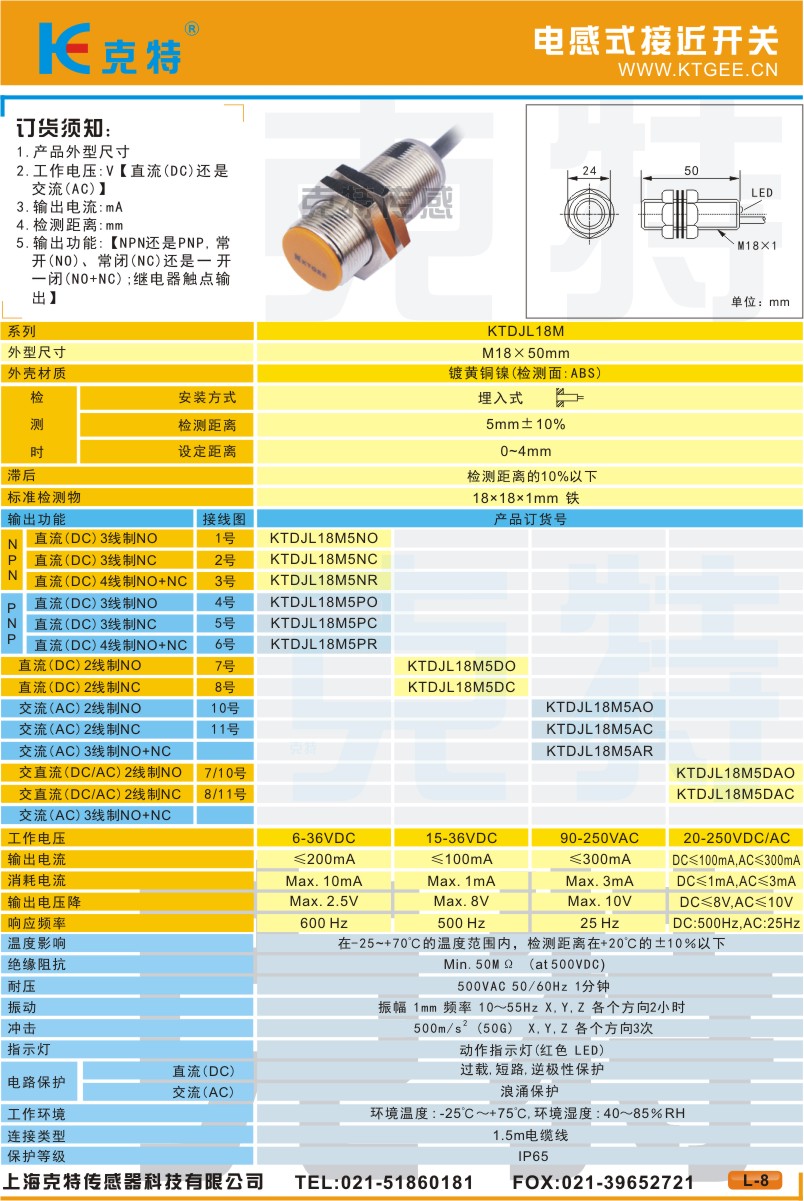 M18电感式接近开关_克特_非屏蔽屏蔽_金属全螺纹